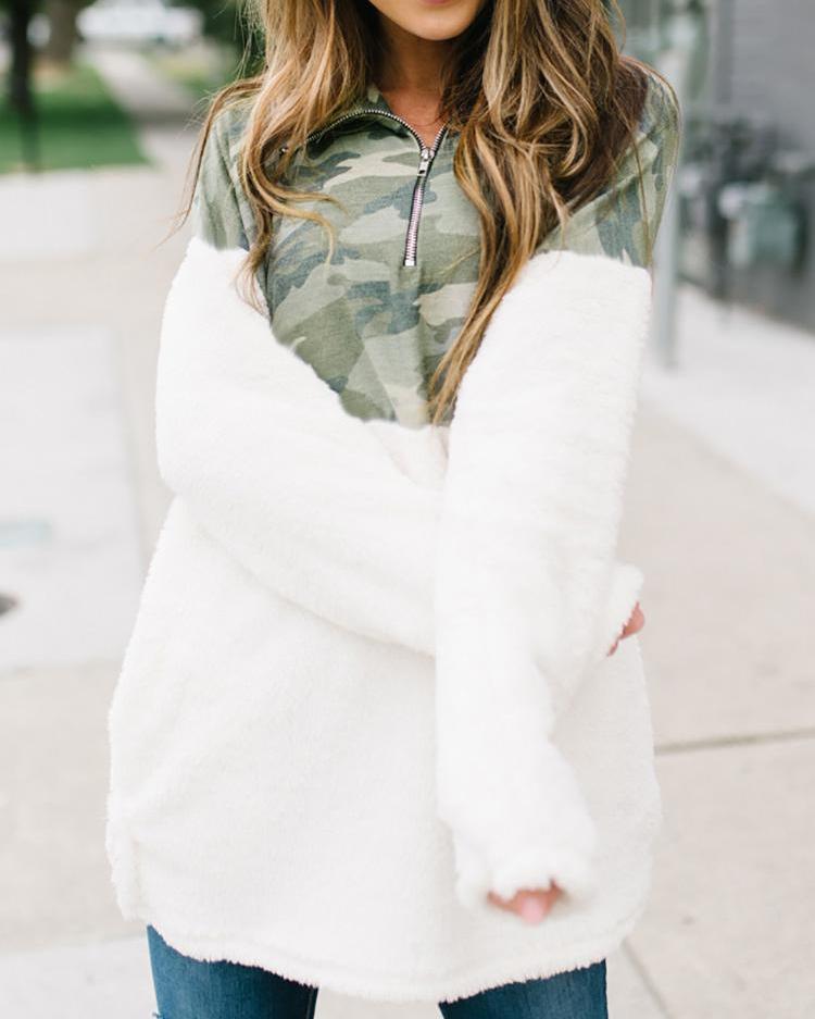 

Fluffy Camo Splicing Zipper Design Sweatshirt