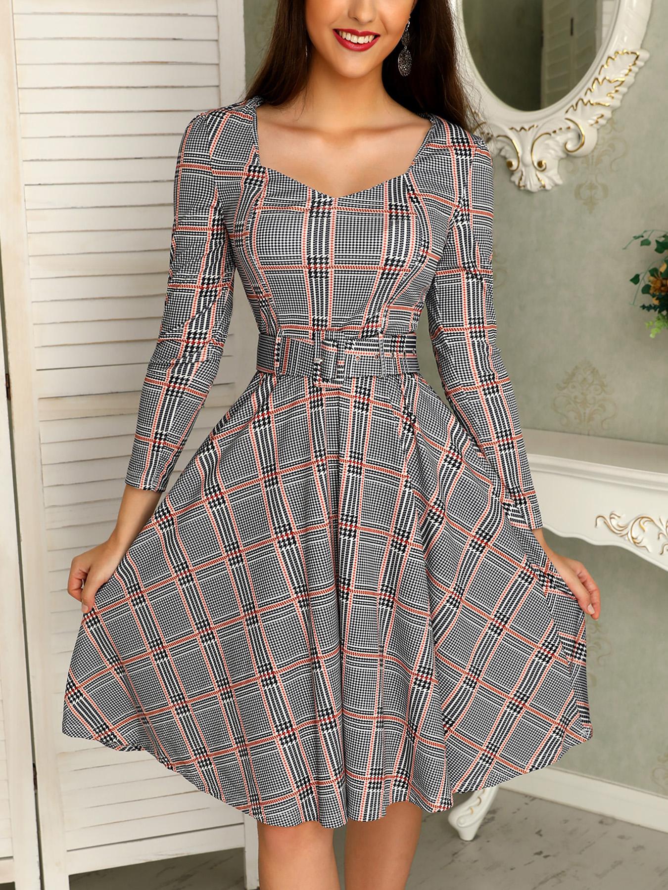 

Grid Self Belted Pocket Pleated Casual Dress