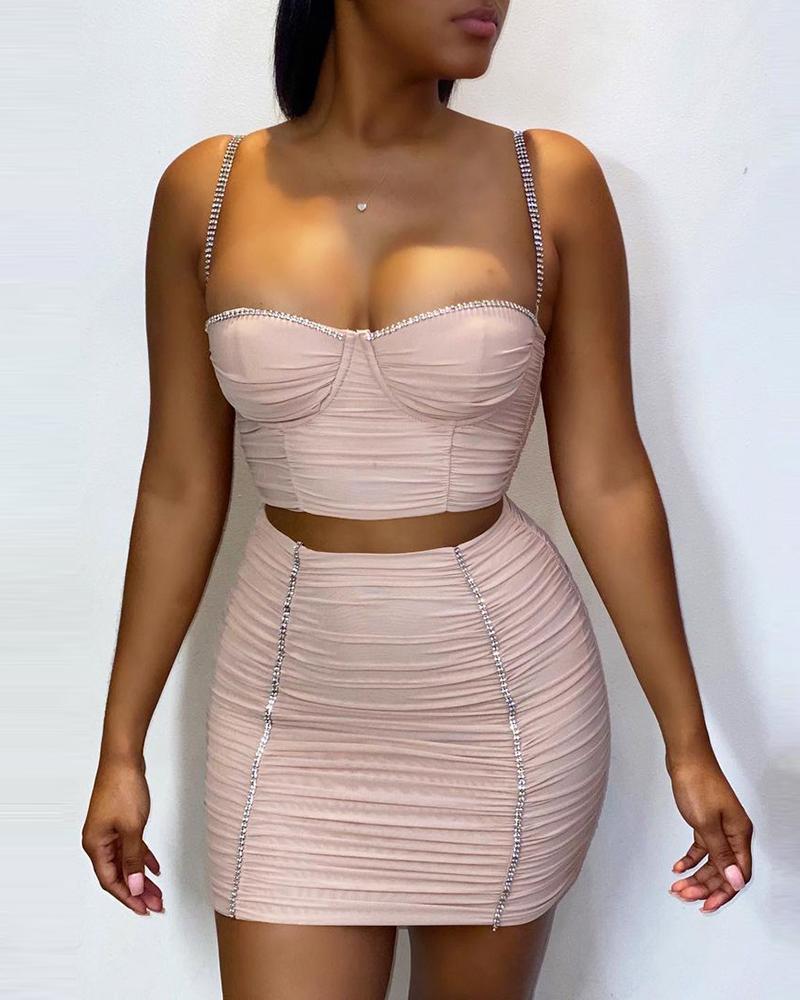 

Rhinestone Spaghetti Strap Crop Top & Ruched Skirt Set, Pink