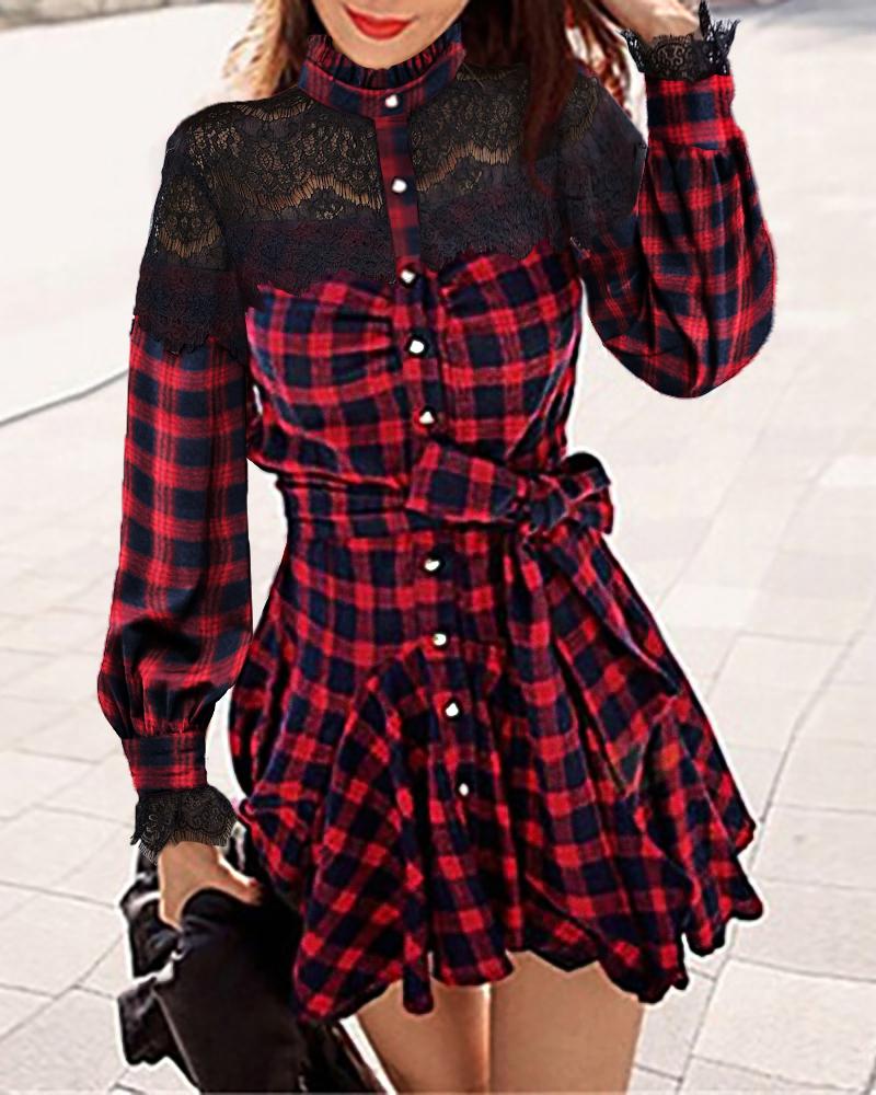 

Plaid Print Lace Contrast Shirt Dress, Red