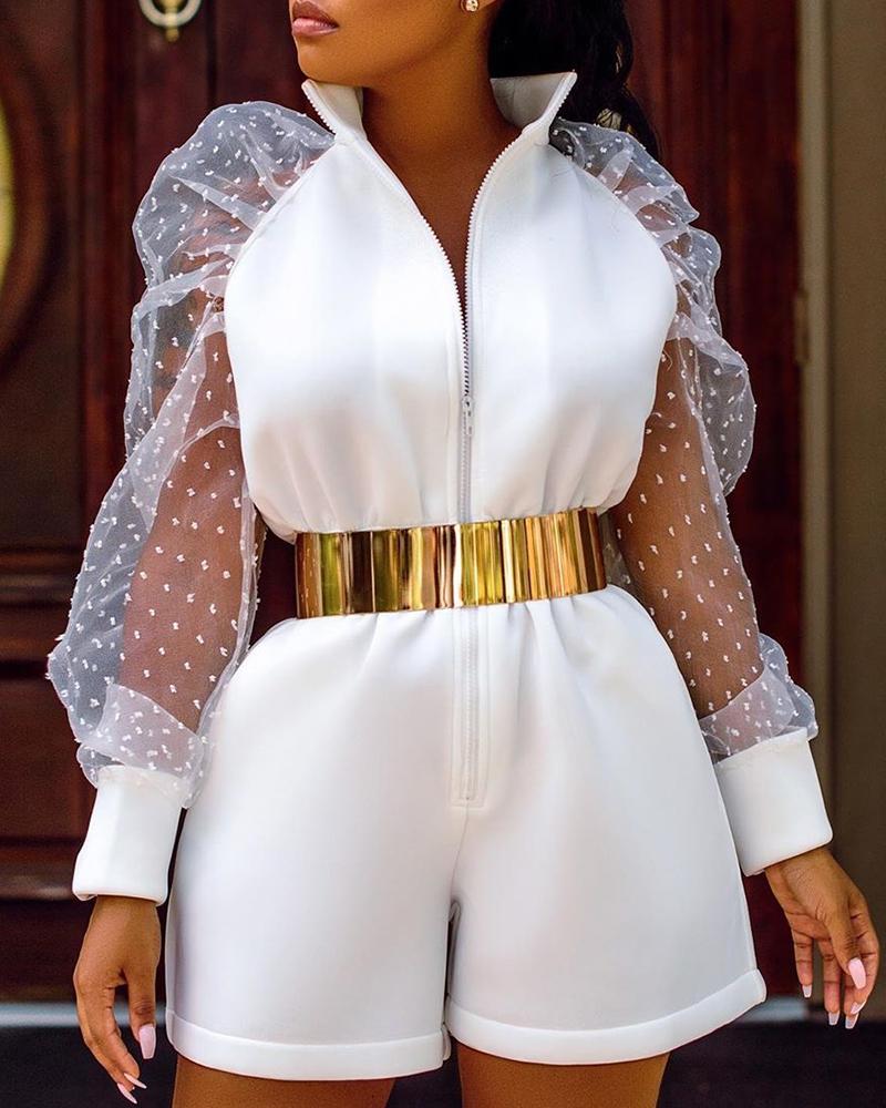 

Mesh Puff Sleeve Splicing Romper, White