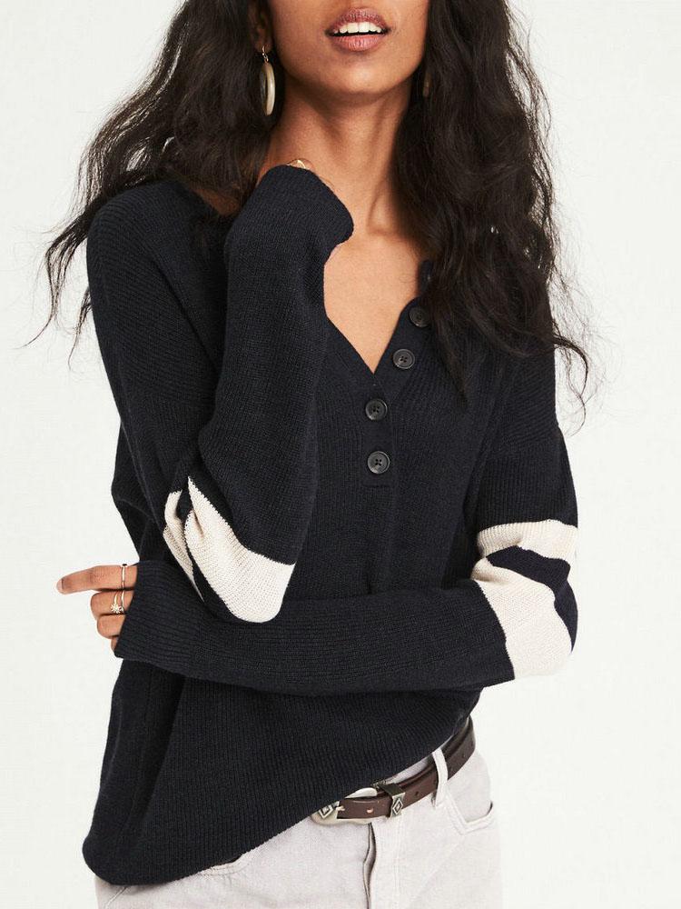 

Varsity Striped Button Detail Pullover, Black