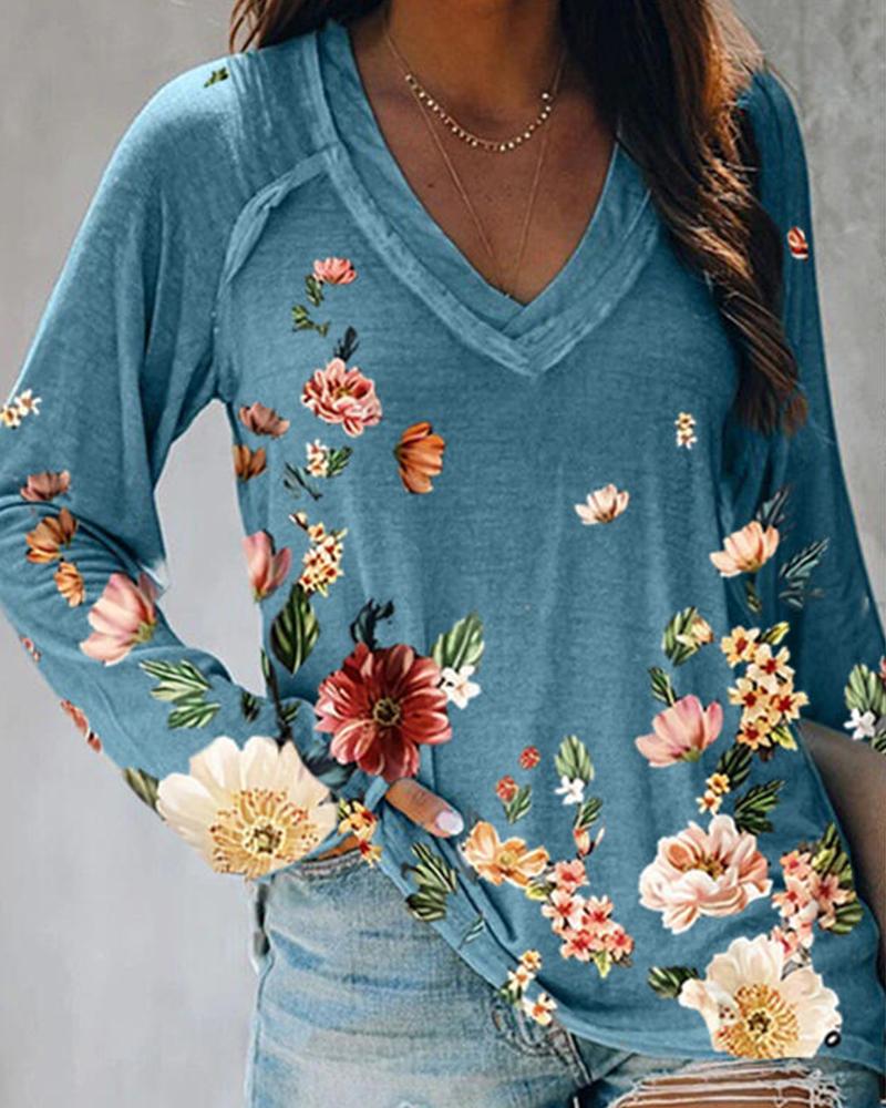 

Floral Print Long Sleeve Blouse, Blue