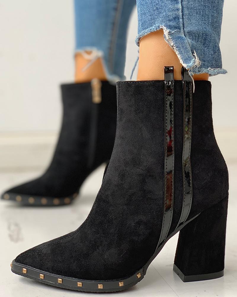 

Solid Pointed Toe Zipper Chunky Heeled Boots, Black