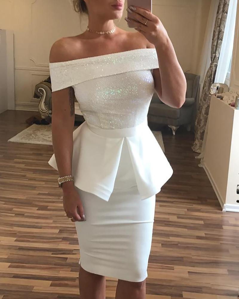 

Glitter Off Shoulder Sequins Ruffles Slinky Dress, White