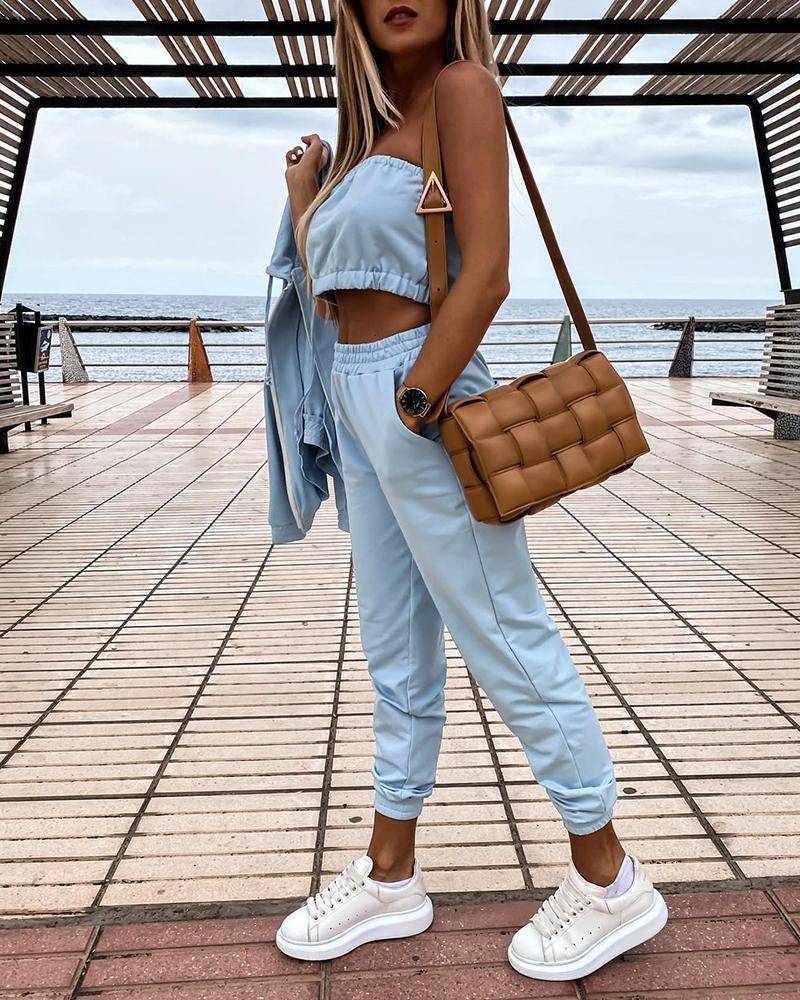 

Plain Bandeau Crop Top & High Waist Pants Set, Blue