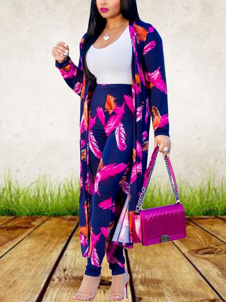 

Feather Print Long Sleeve Coat With Pants, Purple