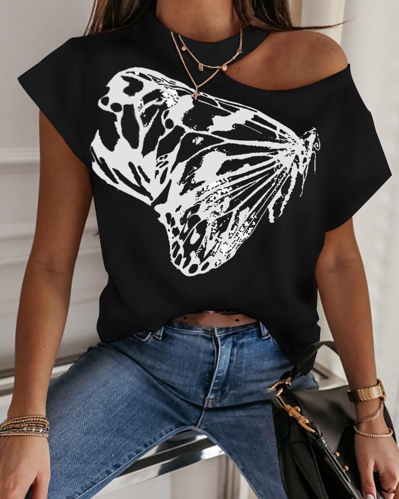 

Butterfly Print Cold Shoulder Casual T-shirt, Black