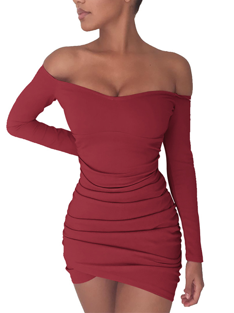 

Off Shoulder Ruched Bodycon Mini Dress - Wine Red
