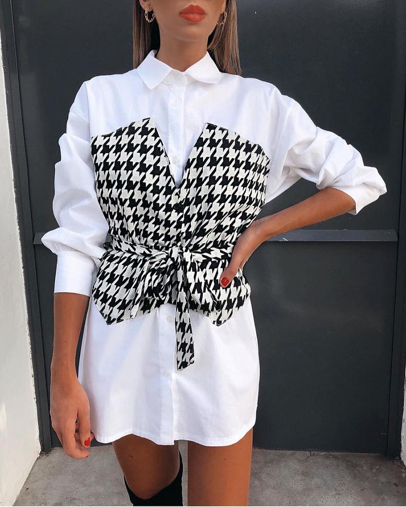 

Houndstooth Colorblock Long Sleeve Shirt Dress, White