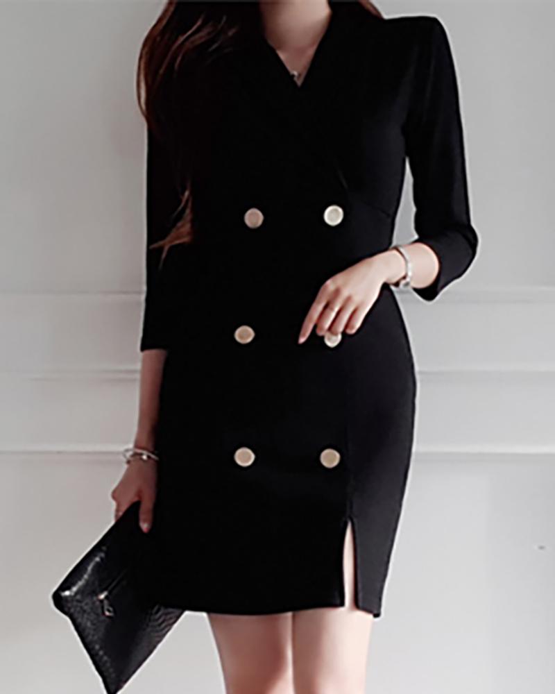 

Solid Double Breasted Slit Blazer Dress, Black