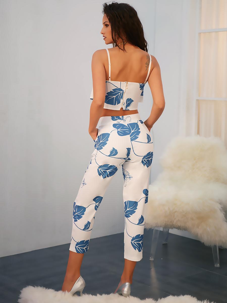 

Fashion Women Flounced Print Cropped Twinset, White