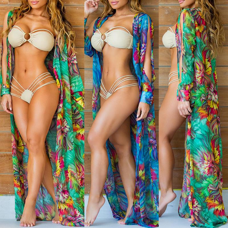 

Trendy Split Sleeve Floral Beachwear Cover Ups, Green;blue