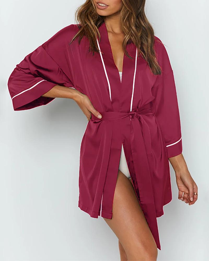 

Colorblock Satin Half Sleeve Robe, Wine red