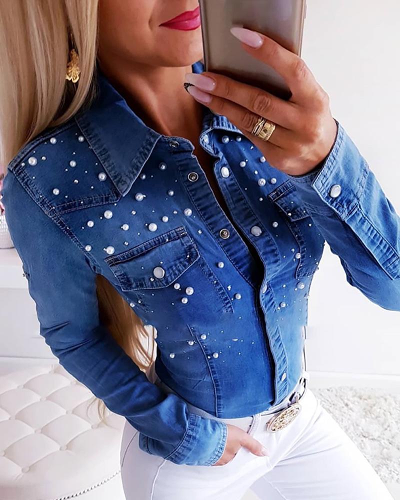 

Bubble Beaded Design Denim Buttoned Shirt