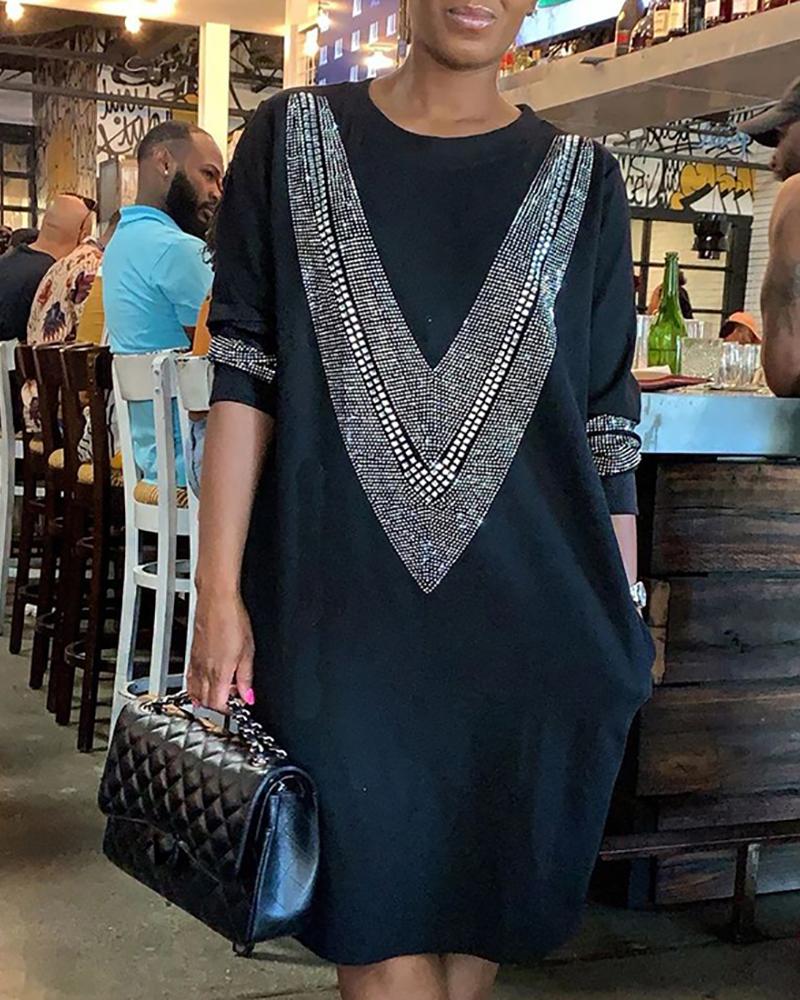 

Hot Stamping Round Neck Long Sleeve Dress, Black