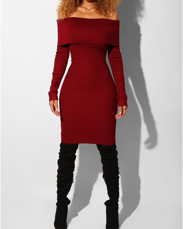 

Fold-Over Off Shoulder Bodycon Dress, Wine red