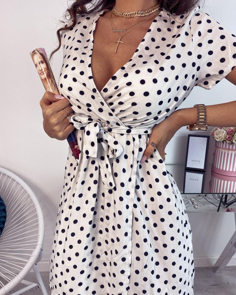 

Short Sleeve V-neck Dot Print Wrap Dress, White