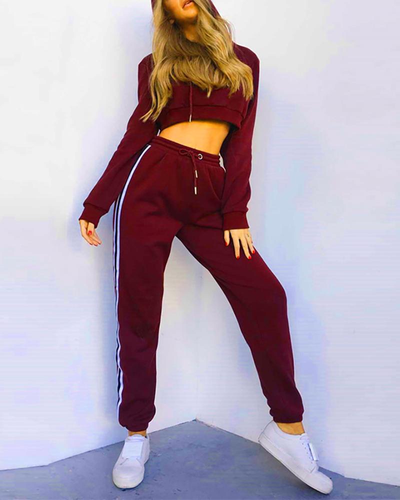 

Striped Drawstring Hooded Top & Pants Set, Wine red