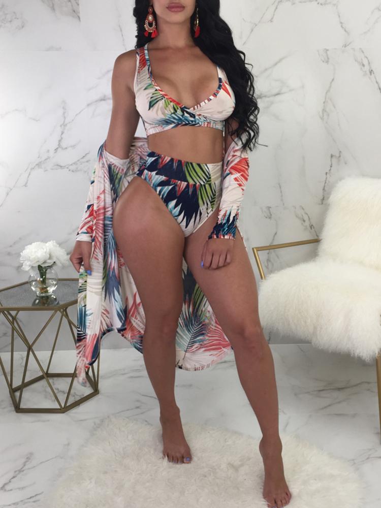 

Tropical Print Crisscross Bikini & Cover Ups Set