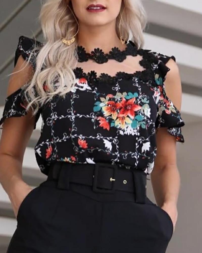 

Floral Lace Applique Cold Shoulder Print Top, Black