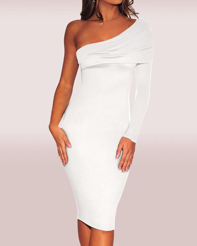 

Fold-Over One Shoulder Slinky Dress, White