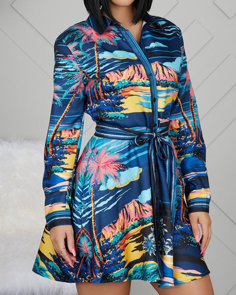

Beach Impression Print Mini Shirt Dress