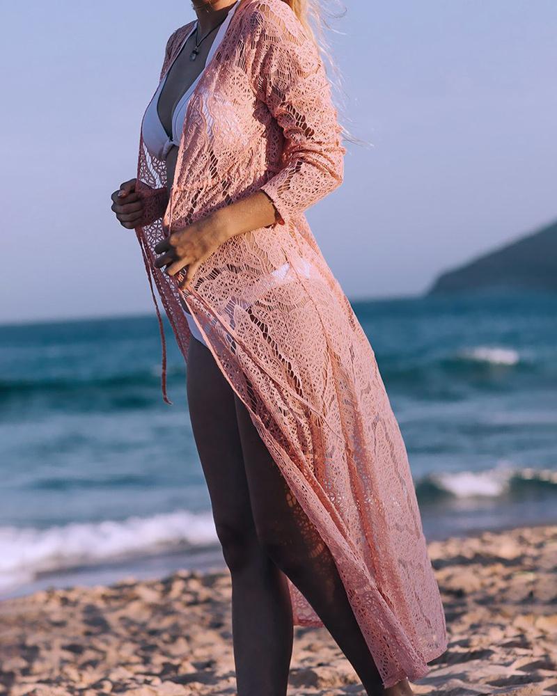

Hollow Out Crochet Lace Cover Up Dress, Pink