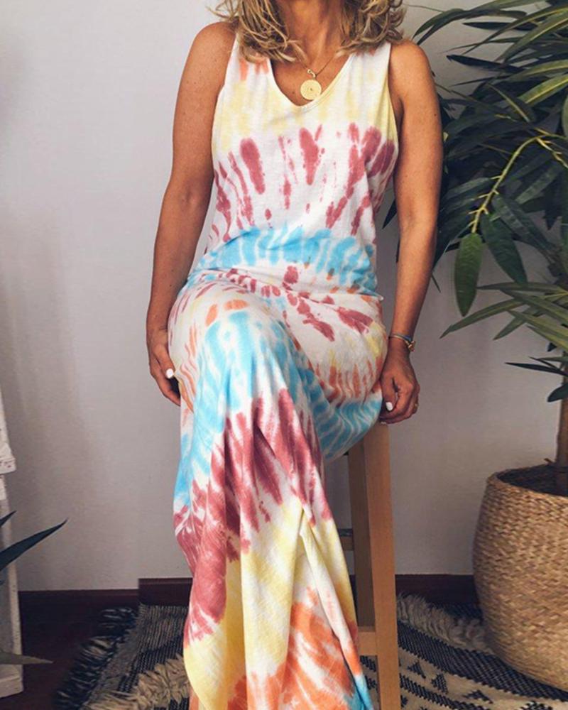 

Simple Tie Dye Printed Casual Dress, Yellow