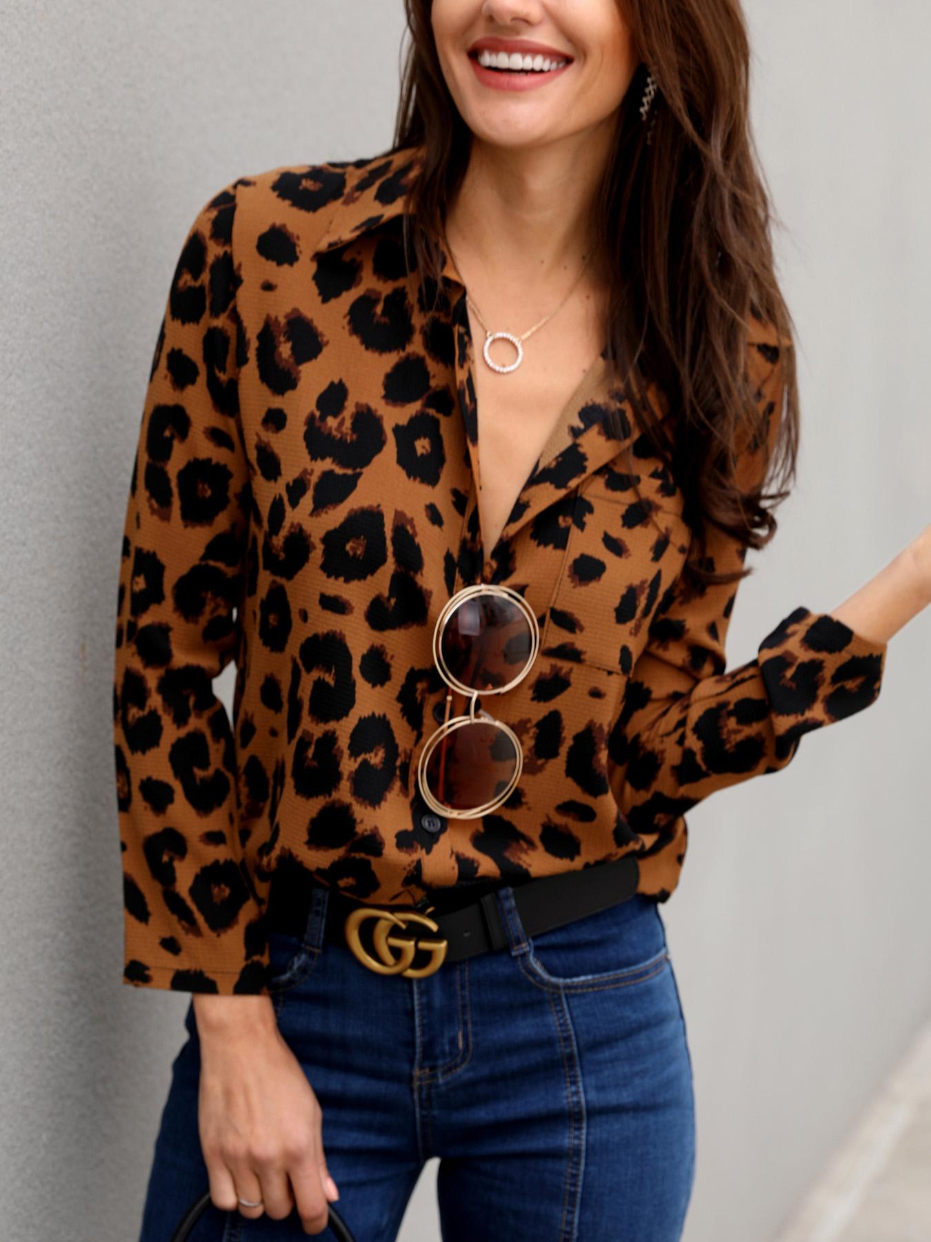 

Leopard Long Sleeve Casual Shirt, Brown