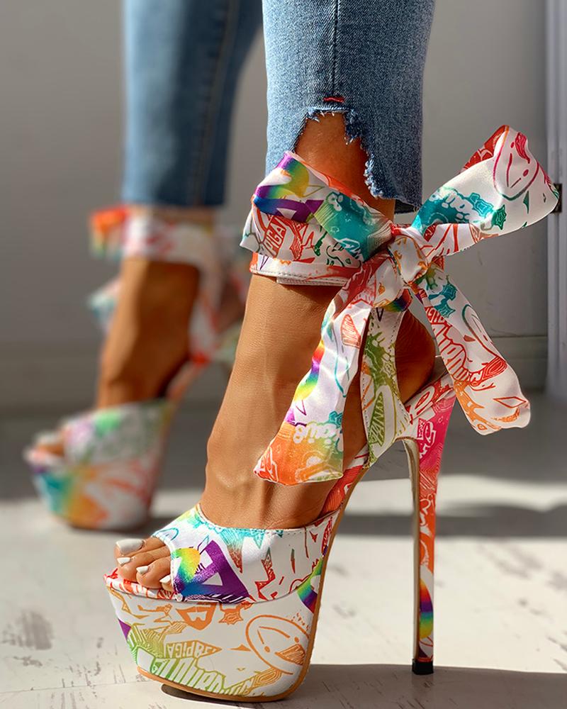 

Colorful Print Tied Detail Platform Heeled Sandals, Multicolor