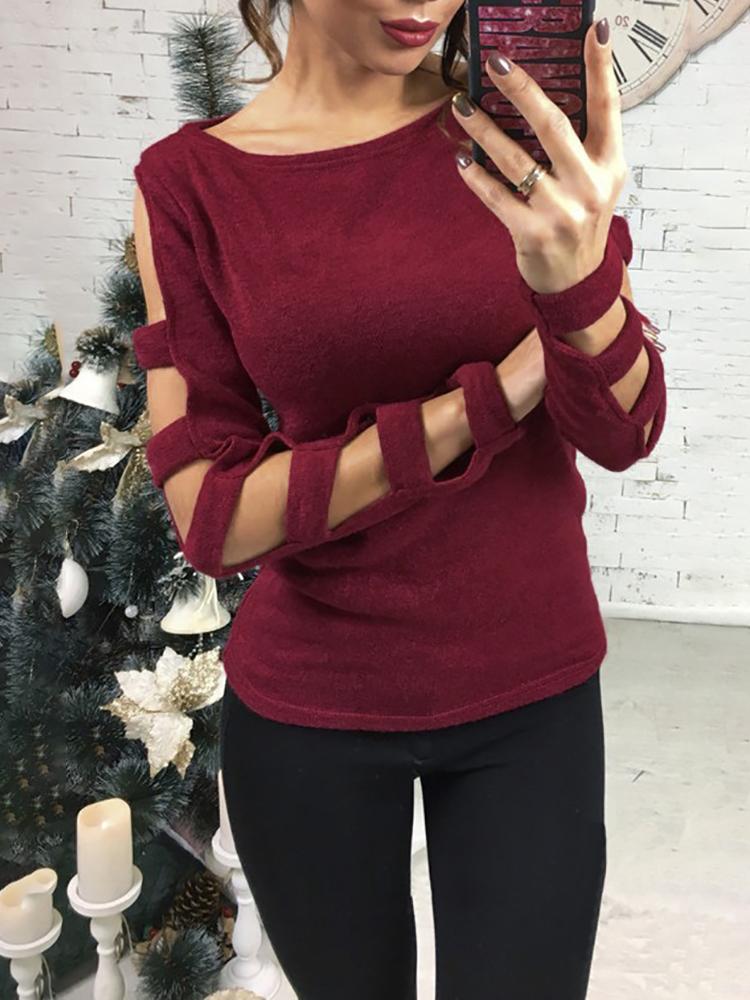 

Solid Ladder Cutout Sleeve Casual Sweater, Wine red