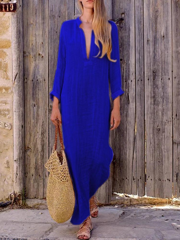 

Solid Long Sleeve Plunge Slit Side Maxi Dress, Blue