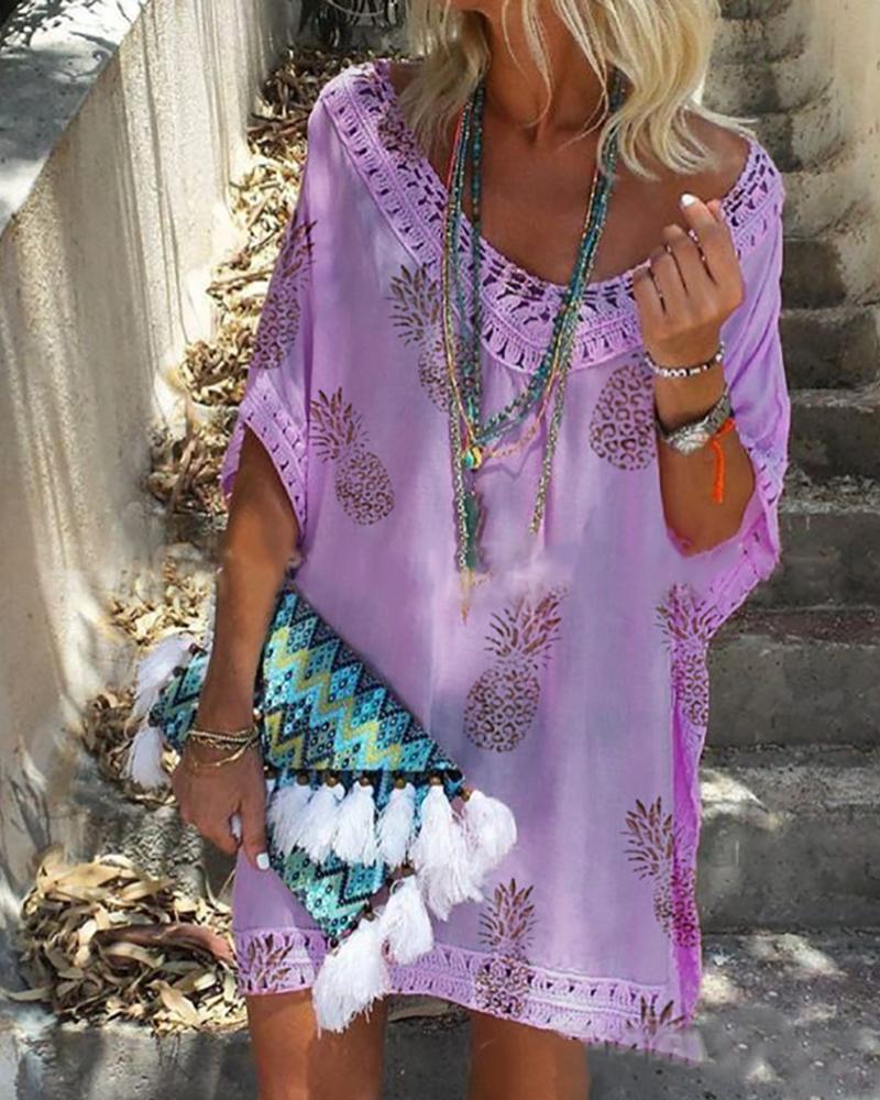 

Lace Trim Pineapple Print Hollow Out Dress, Purple