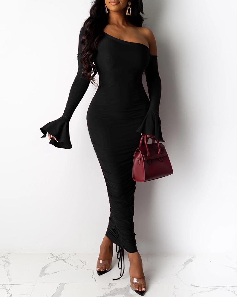 

Solid Bell Cuff One Shoulder Midi Dress, Black