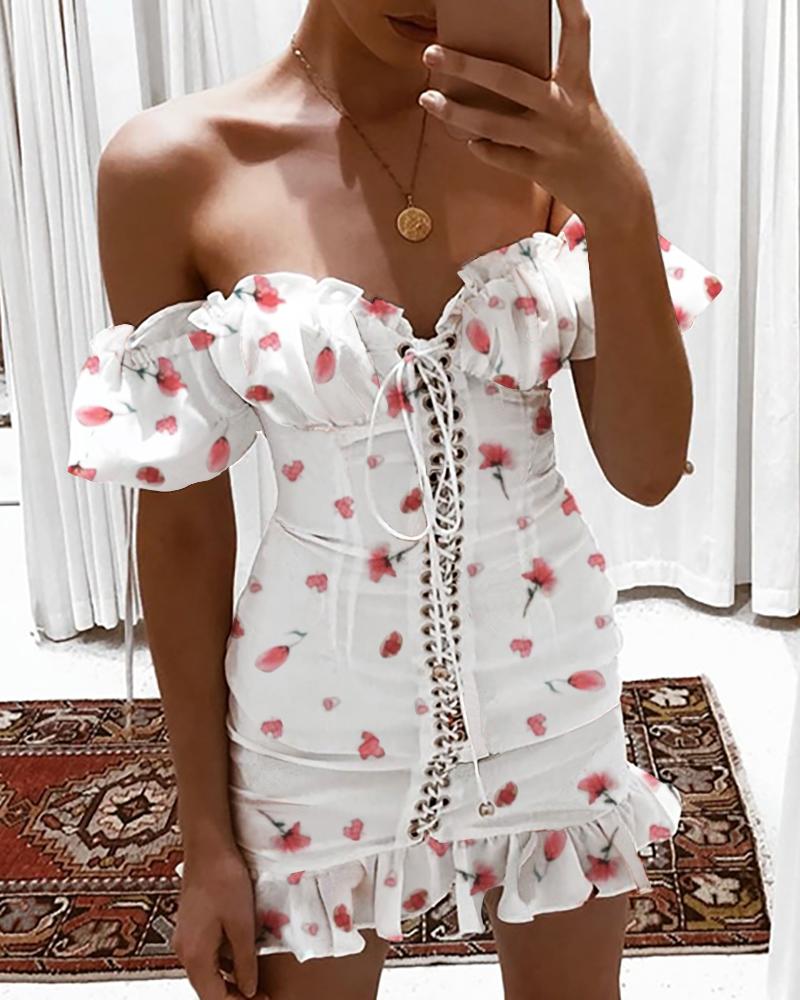 

Off Shoulder Floral Print Eyelet Lace-up Ruffles Dress, White