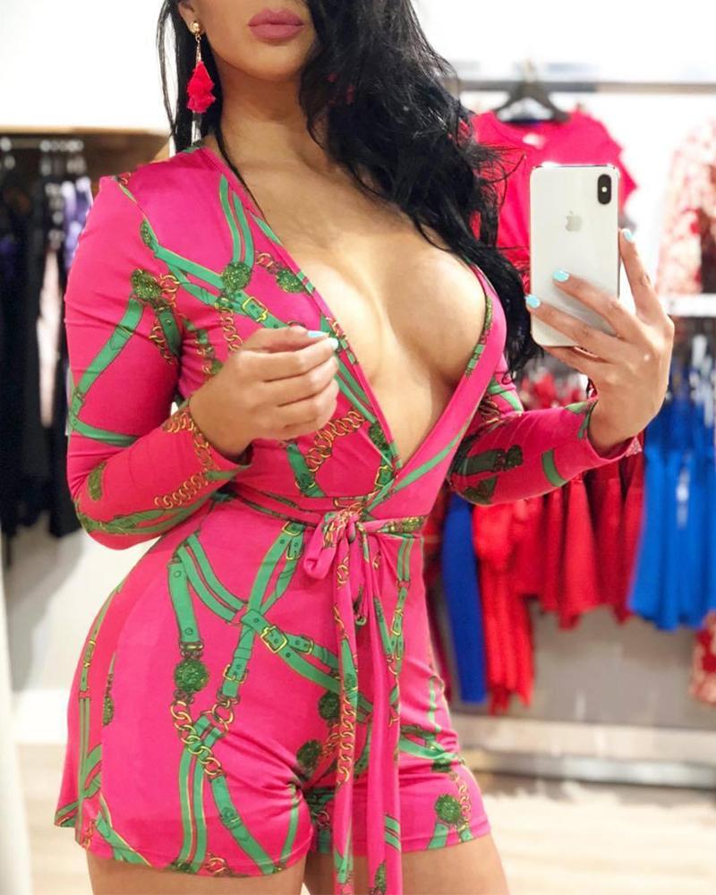 

V Neck Tie Waist Chain Print Romper, Hot pink