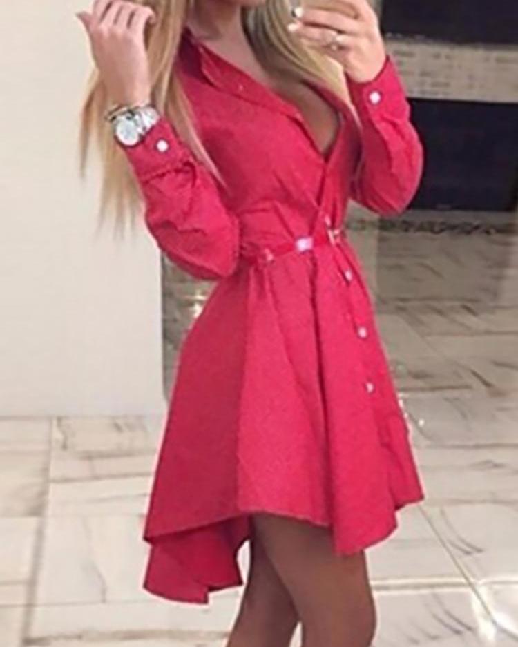 

Dots Button Up Pleated Shirt Dress, Red