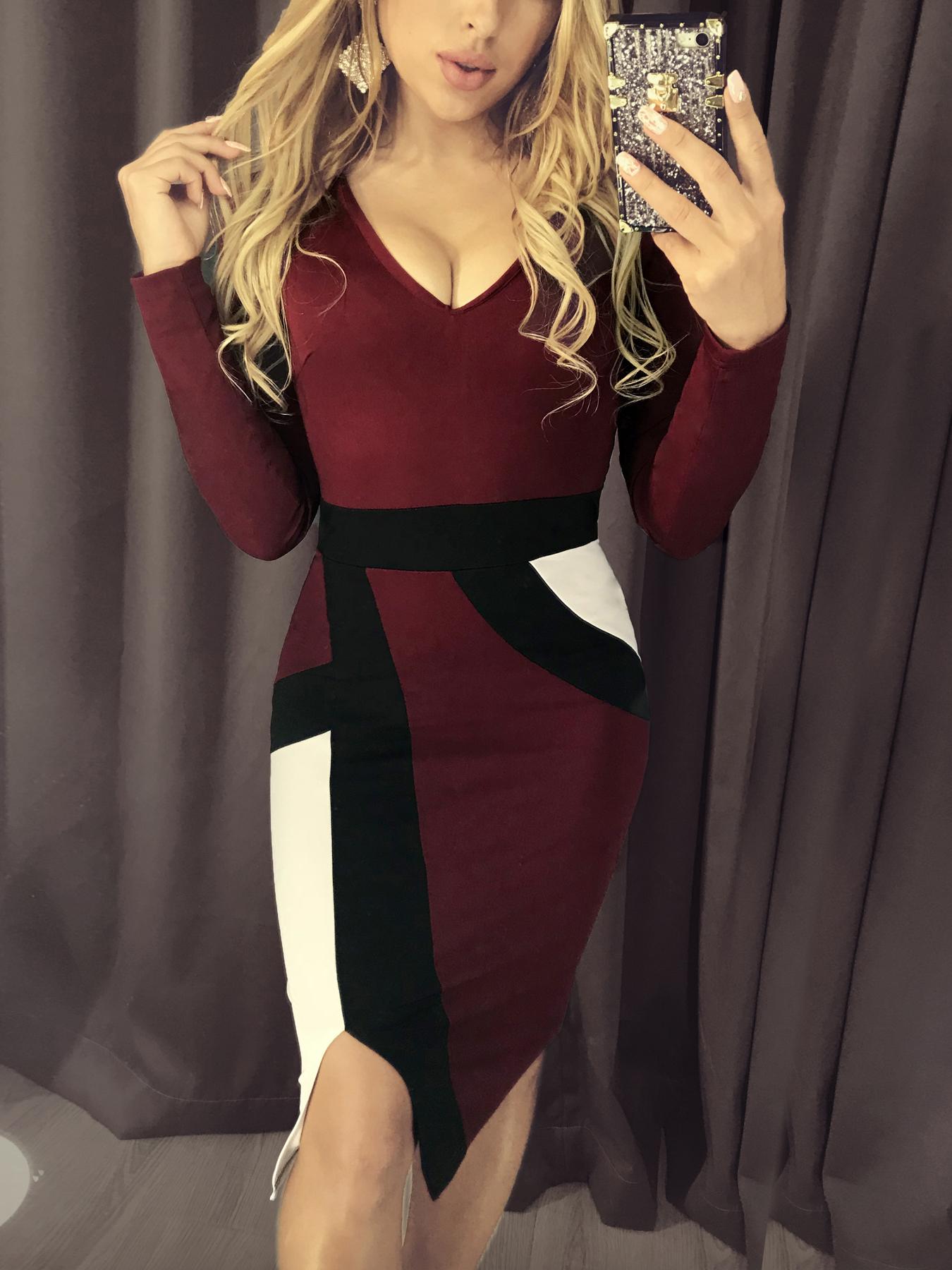 

Contrast Color Slit Long Sleeve Dress, Dark red