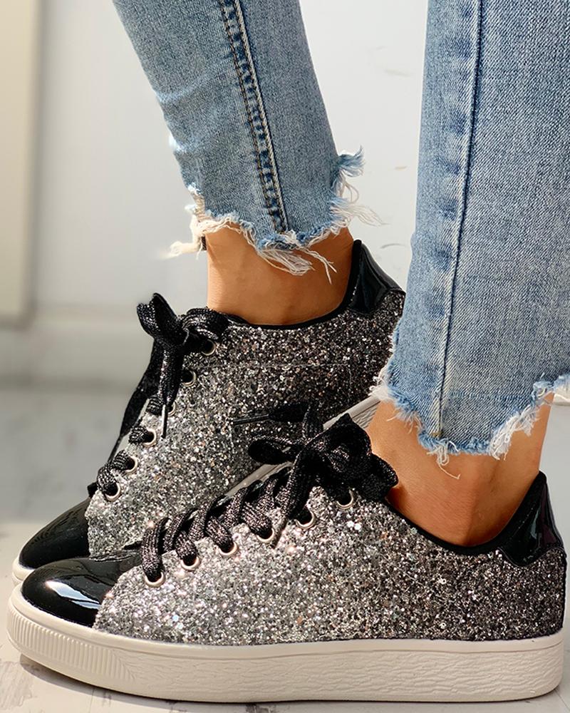 

Glitter Sequins Eyelet Lace-up Sneakers, Black