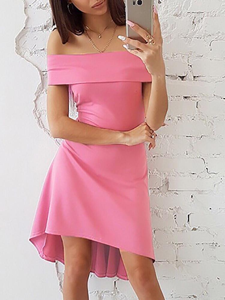 

Solid Off Shoulder Fold-over Dip Hem Dress