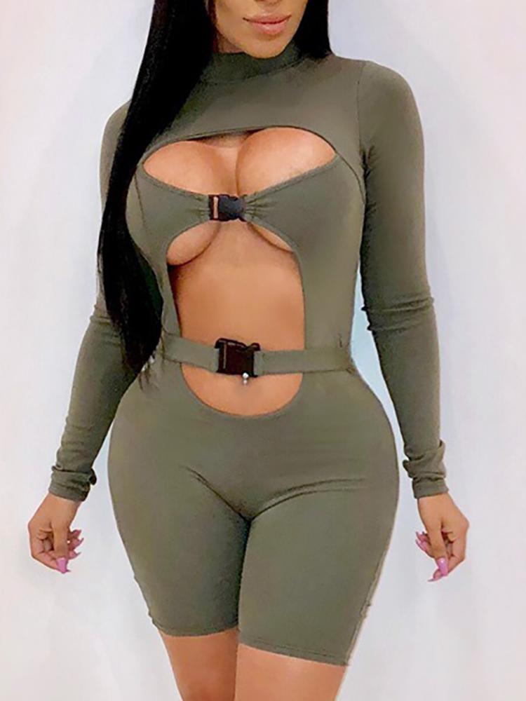 

Cut Out Buckle Long Sleeve Romper, Army green