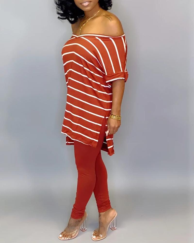 

V Neck Striped Side Slit T-shirt & Sporty Pants Sets, Orange