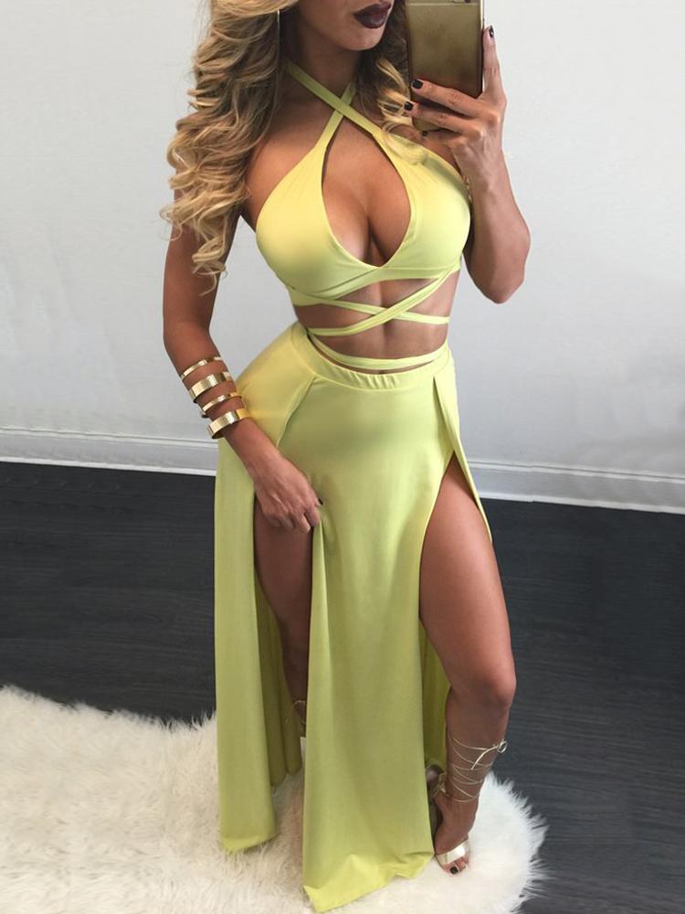 

Yellow High Slit Crisscross Drawstring Maxi Dress