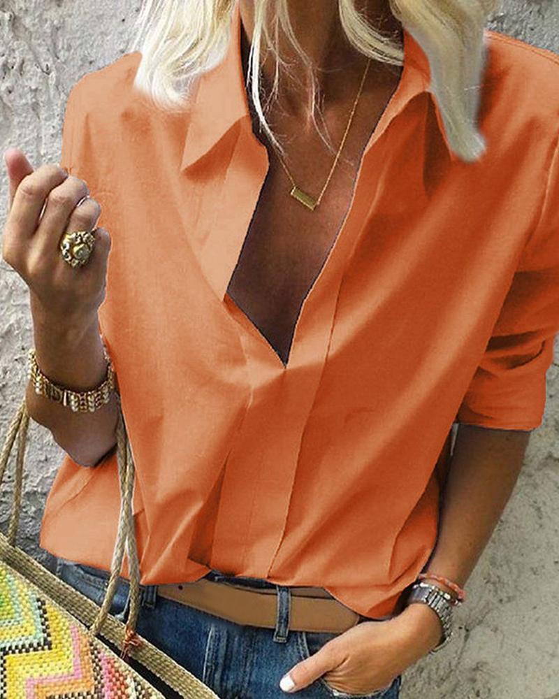 

Turn-down Collar Solid Long Sleeve Shirt