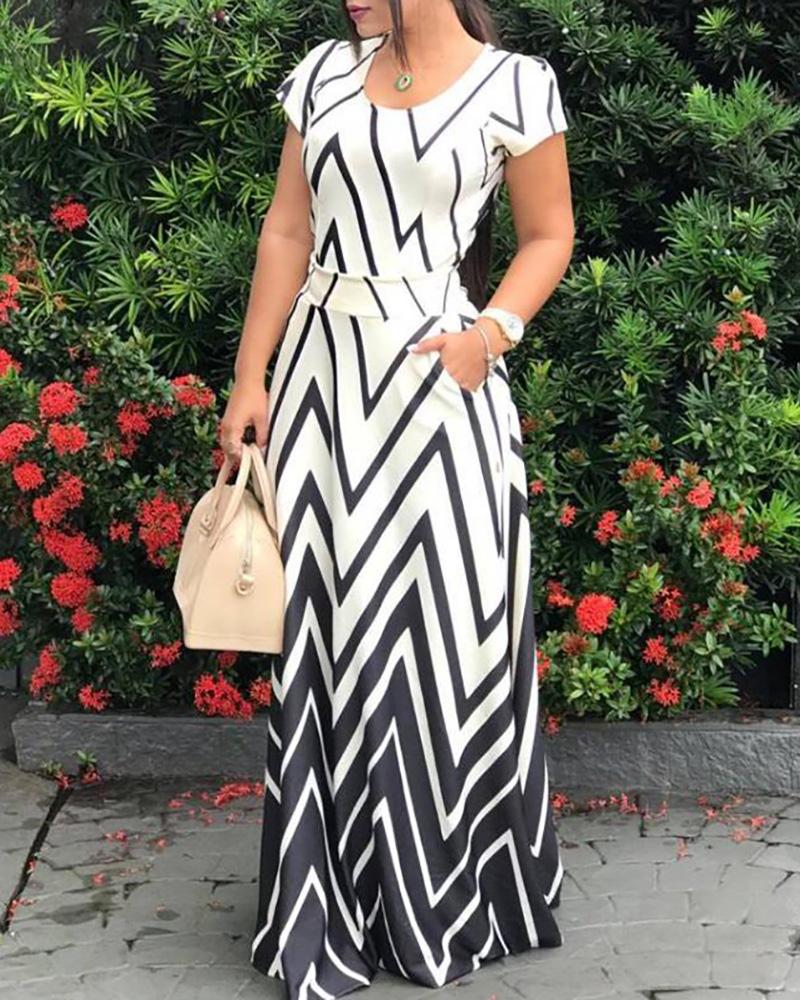 

Colorblock Wave Print Short Sleeve Maxi Dress, White