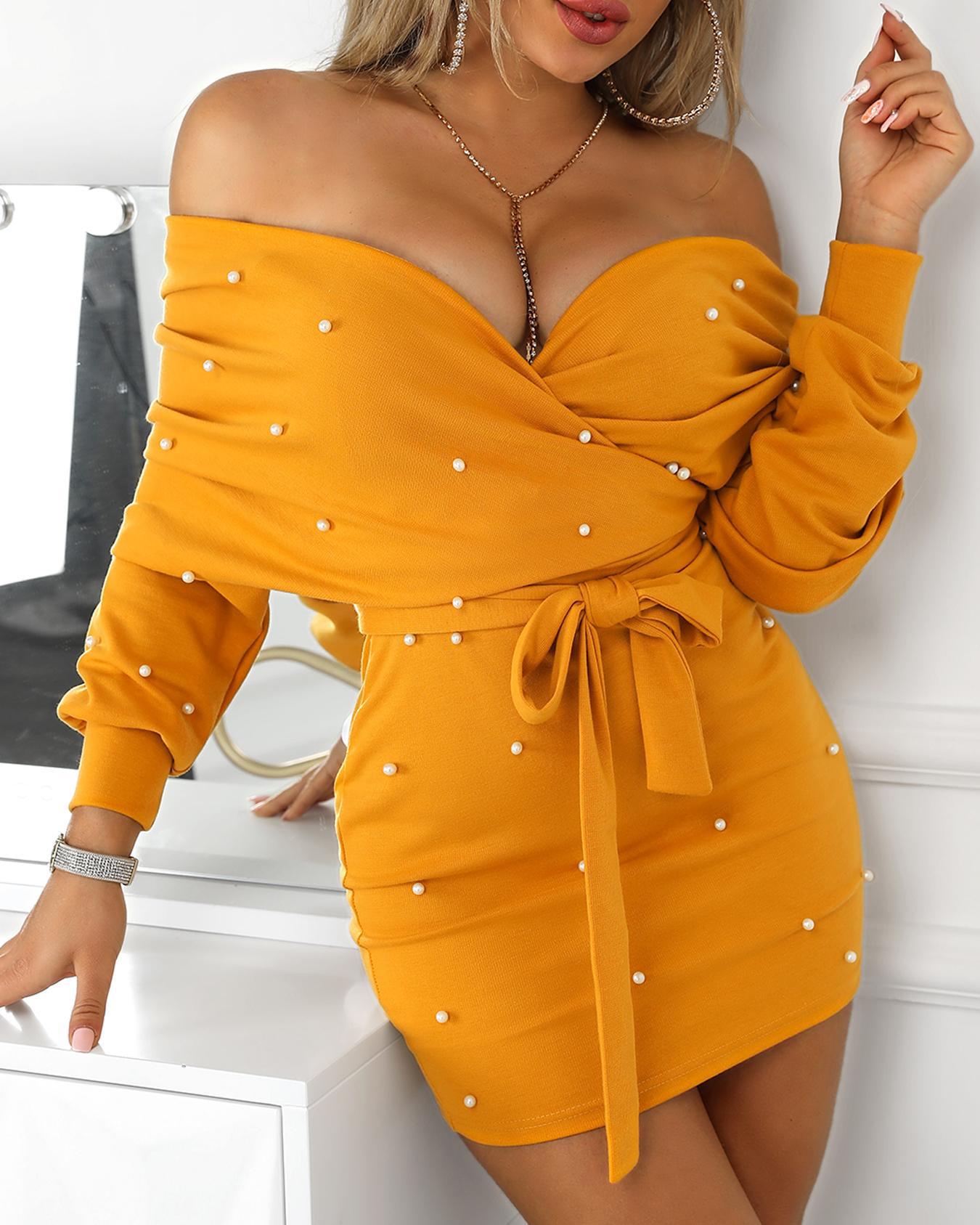 

Beading Off Shoulder Belted Sweater Dress, Dark yellow