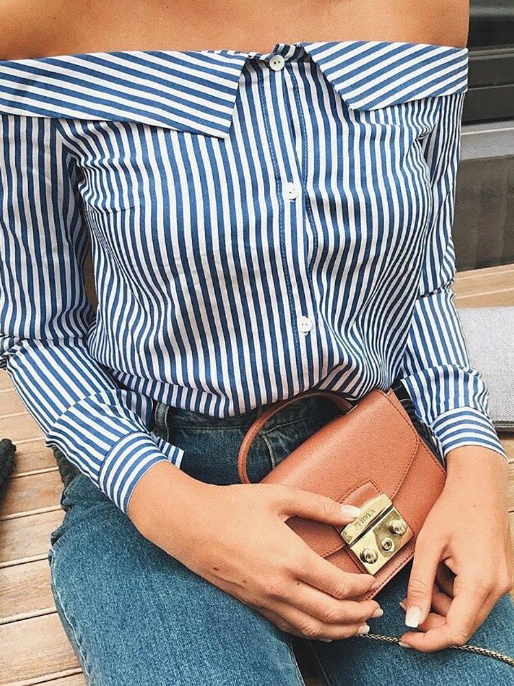 

Trendy Stripe Print Off Shoulder Shirt Blouse, Blue