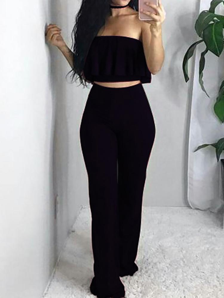 

Ruffled Strapless Cropped Top With Pants Set, Black