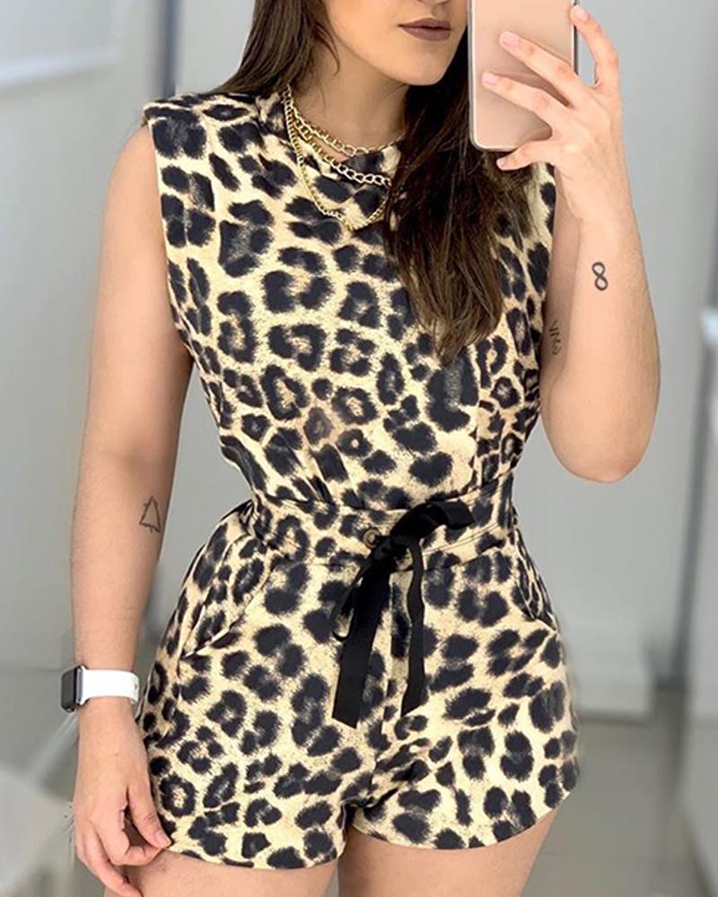 

Leopard Tie Waist Sleeveless Romper
